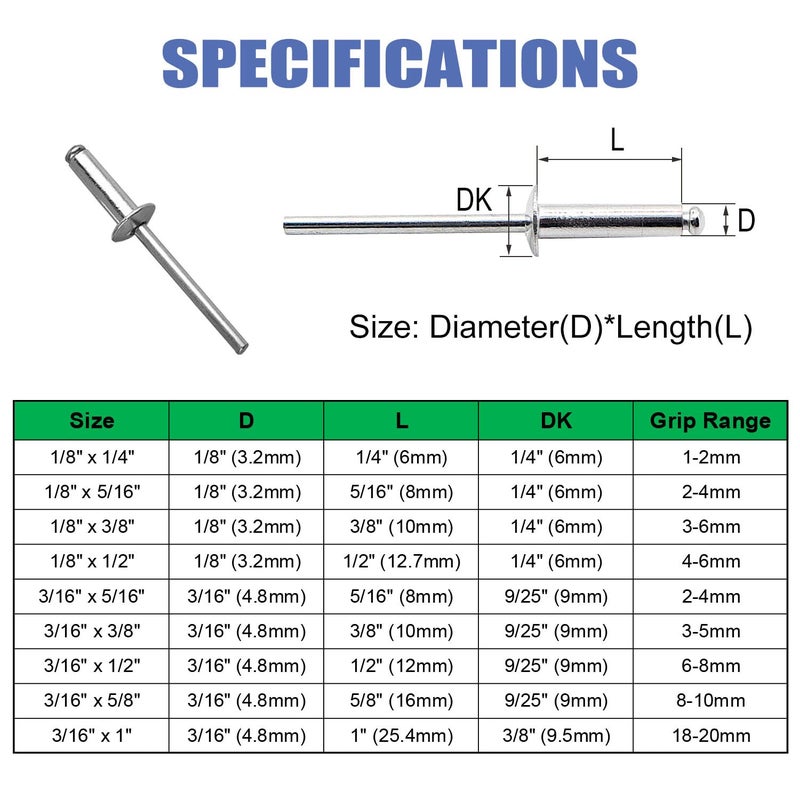 Maozaa 100 PCS 3/16"" x 3/8"" Aluminum Blind Rivets, 4.8 x 10mm Pop Rivets, Silver - Image 2